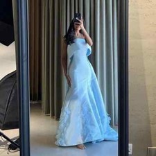 Simple Blue Mermaid Strapless Formal Evening Dresses Pleat A-line Prom Gowns