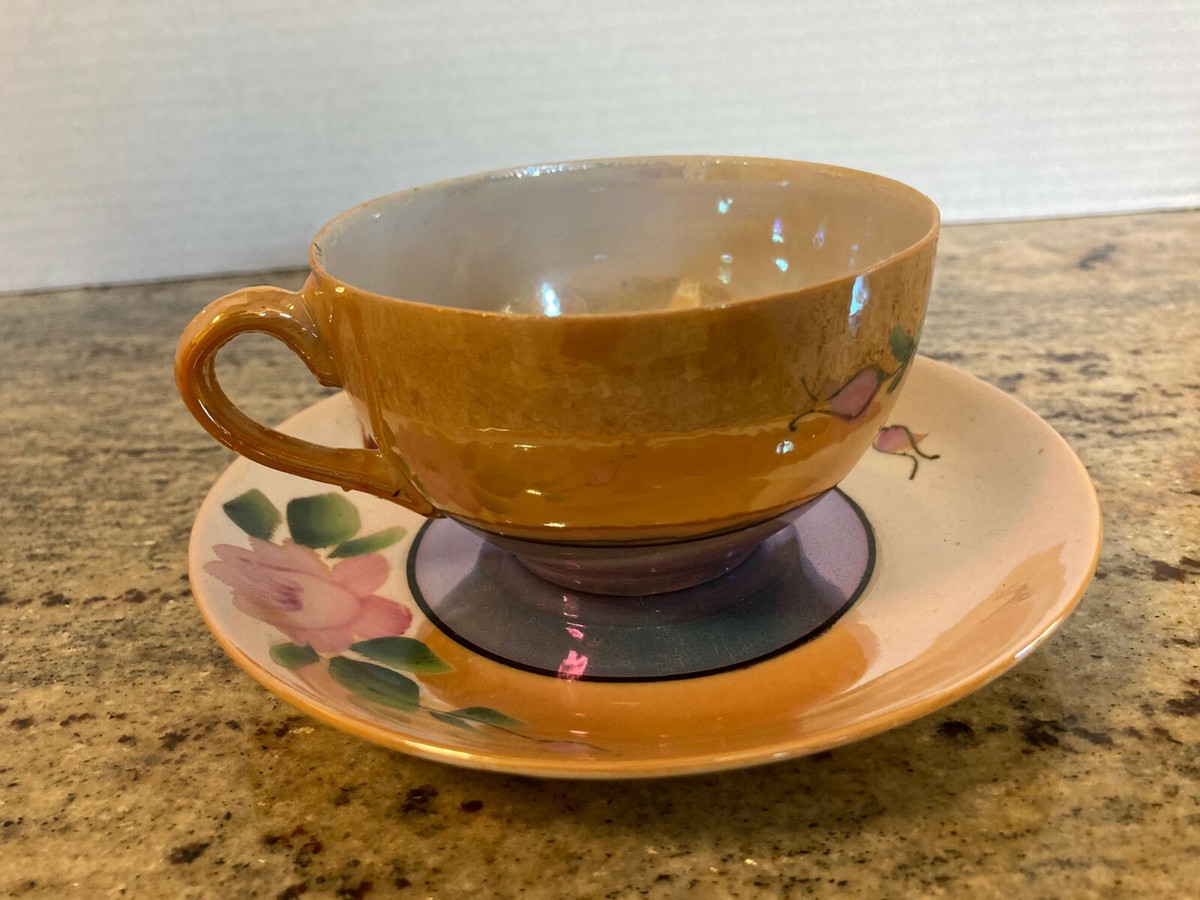 中国古玩　翡翠色吹墨煎茶椀 Sunny China Lusterware Cup & Saucer Hand Painted Porcelain
