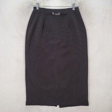Vtg Black Striped Mock Belt Pull On Slim Midi Pencil Retro Womens Skirt Size MP