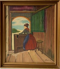 Quadro A Ritratto Fischerkate Am Mare Con Donna Interno Fattoria 57,3 X 50 CM