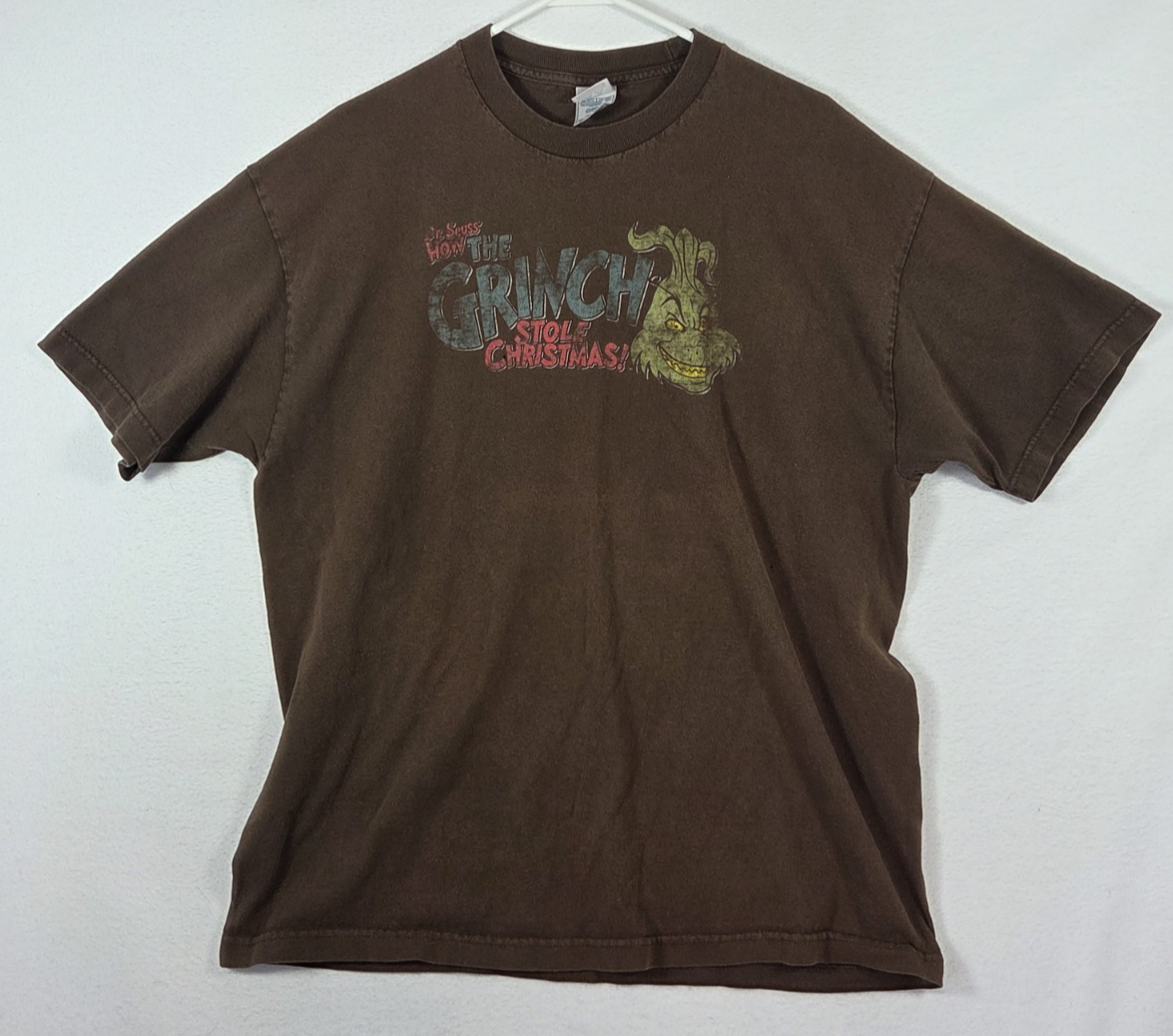 VTG Men How The Grinch Stole Christmas Dr. Seuss T Shirt Size XL Brown 2000s Y2K