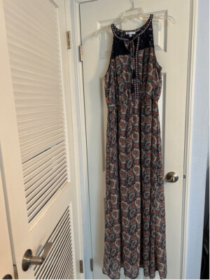 DR2 Nordstrom Blue Paisley Lace Boho Maxi Dress Size L Sleeveless | eBay