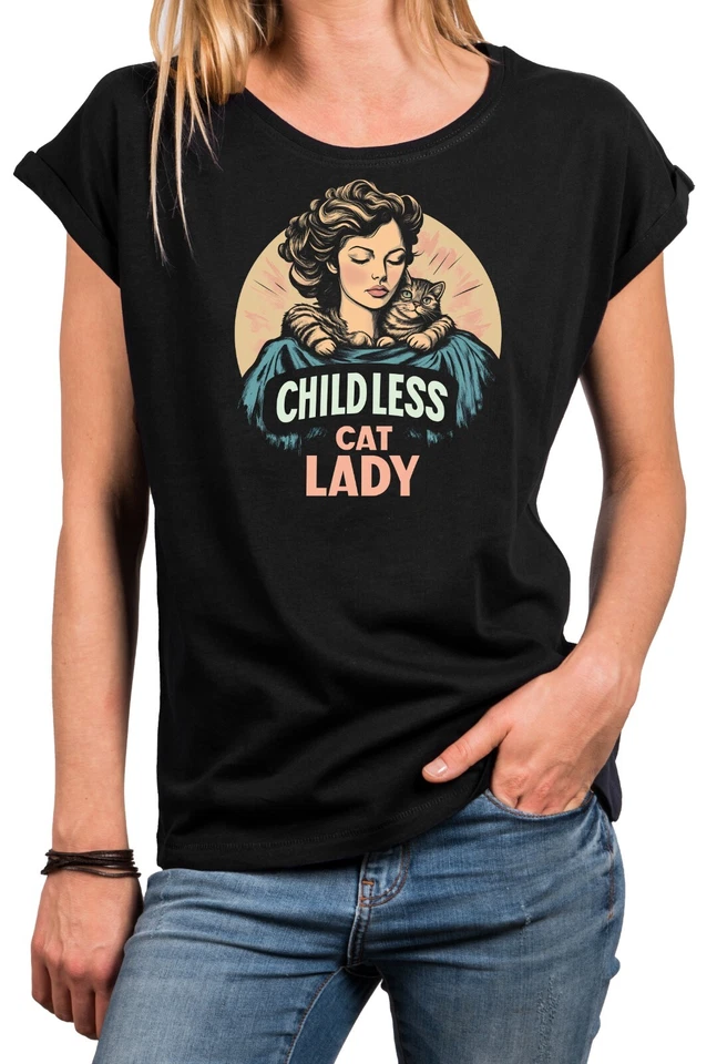 Trendiges Frauen T-Shirt mit Print - Childless Cat Lady Katzen Motiv Frauen Top - Bild 1 von 1