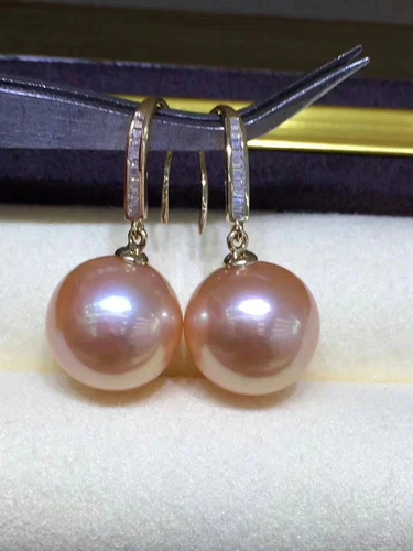 AAA+ 9-10mm real natural south sea pink round pearl earrings 18k Yellow Gold