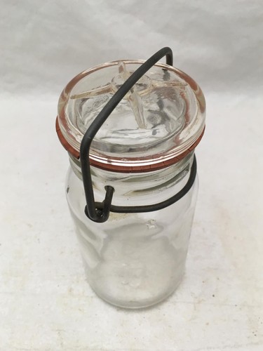 Small Vintage Glass Jar w Clamp On Glass Lid STAR Motif Embossed 1875 on Bottom - Picture 3 of 10