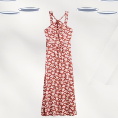 Ex Seasalt Women's Sleeveless Halter Neck Maxi Dress in Red Floral (Defect)