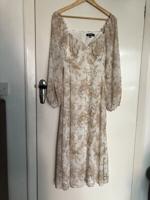 Missguided White/Brown Floral Chiffon Off The Shoulder High Slit MIDI  Dress UK
