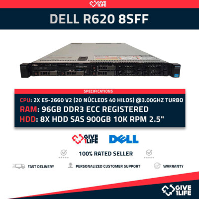 DELL R620 8SFF Rack Server 2x E5-2650 V2 + 96GB RAM + H710 + 8x900GB