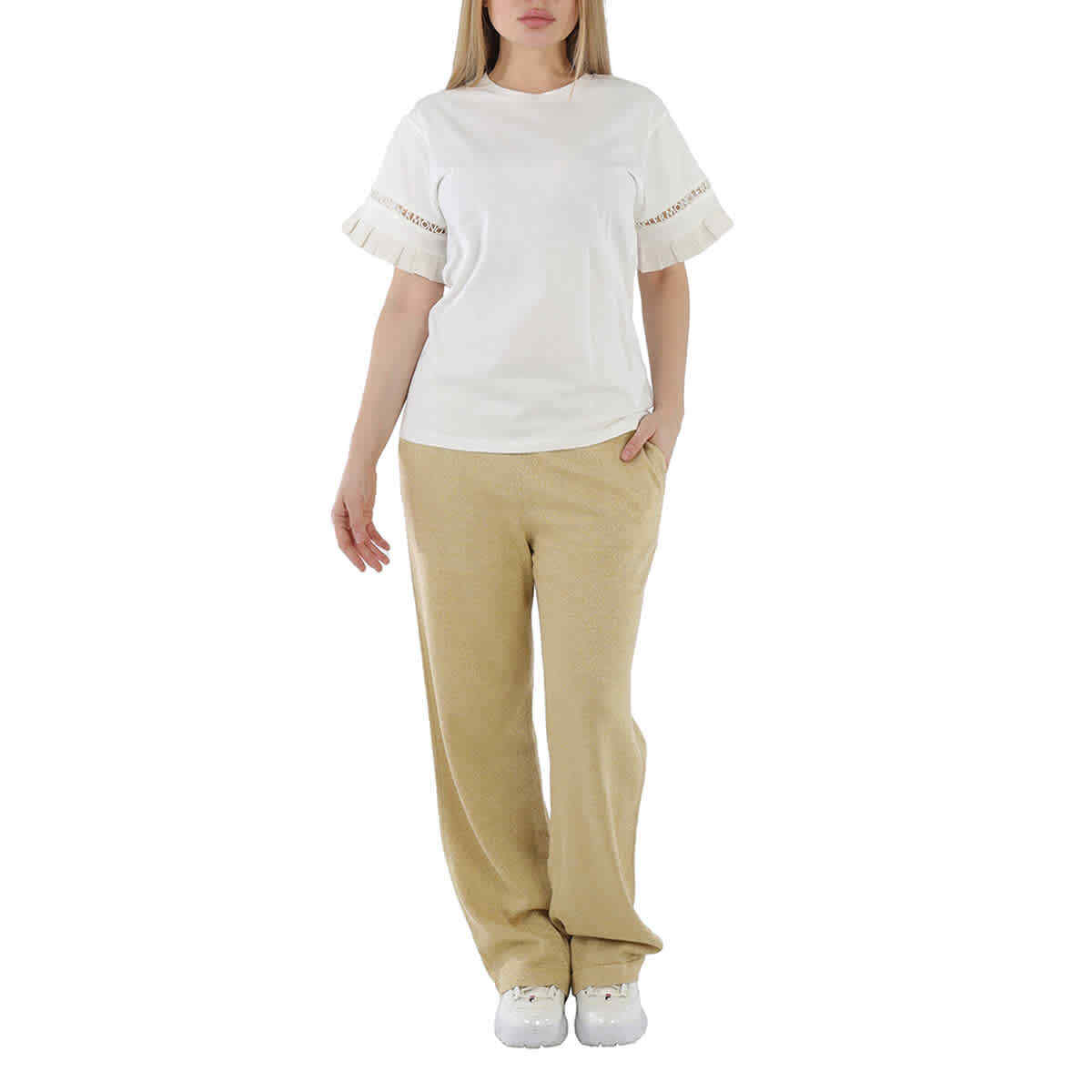 Moncler Ladies Macrame Detail Sleeve T-Shirt in White