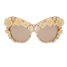 DOLCE & GABBANA DG 2160 Filigree Crystal Rose Metal Sunglasses Gold White 12745