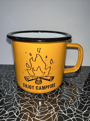 ORANGE Enamelware ''Enjoy Camping'' Metal Mug / Cup