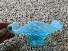 VTG Fenton Blue Opalescent Hobnail 2 Handled Bon Bon Bowl Dish