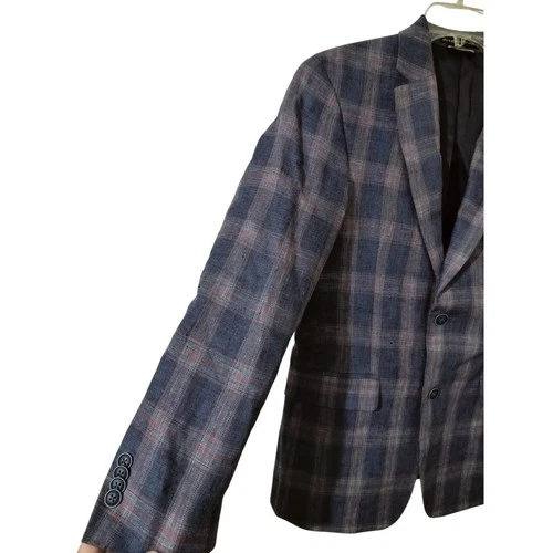 M1250) Tommy Hilfiger Men Blue Plaid Linen Two Button Sports Jacket Size 36S image 9