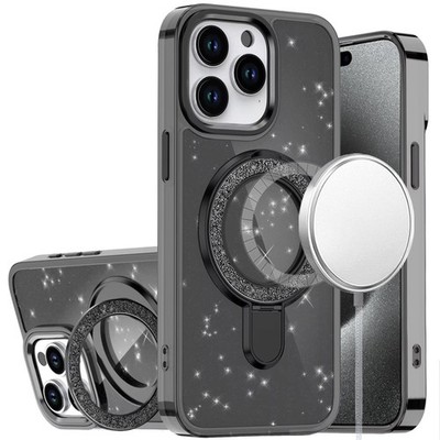 For iPhone 15 Pro Max Case Translucent Glitter Magnetic Circle +2 Tempered Glass