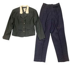 Dark Academia Outfit 10 Twee VTG Tartan Pant Suit Navy Green Check 2 Piece USA