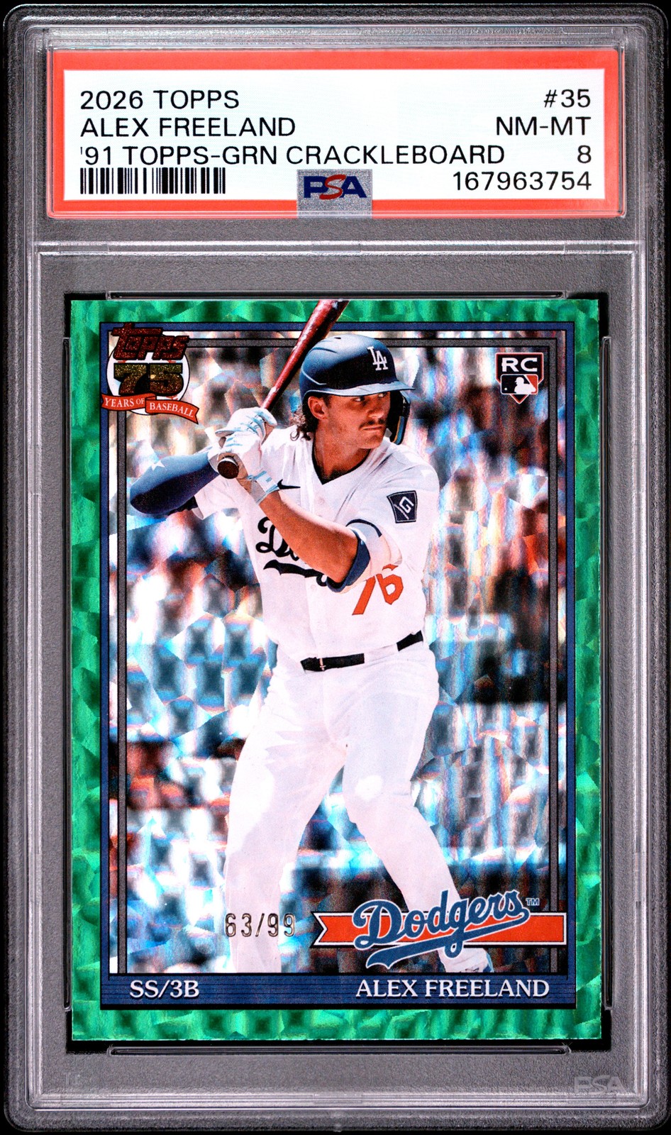 2026 TOPPS 1991 BASEBALL GREEN CRACKLEBOARD #35 ALEX FREELAND ROOKIE 63/99 PSA 8