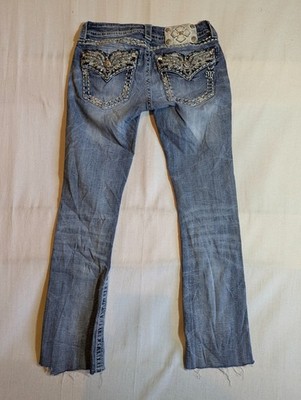Miss Me Jeans Women's 26 Signature Slim Boot Cut Embellished Raw Hem Denim Blue