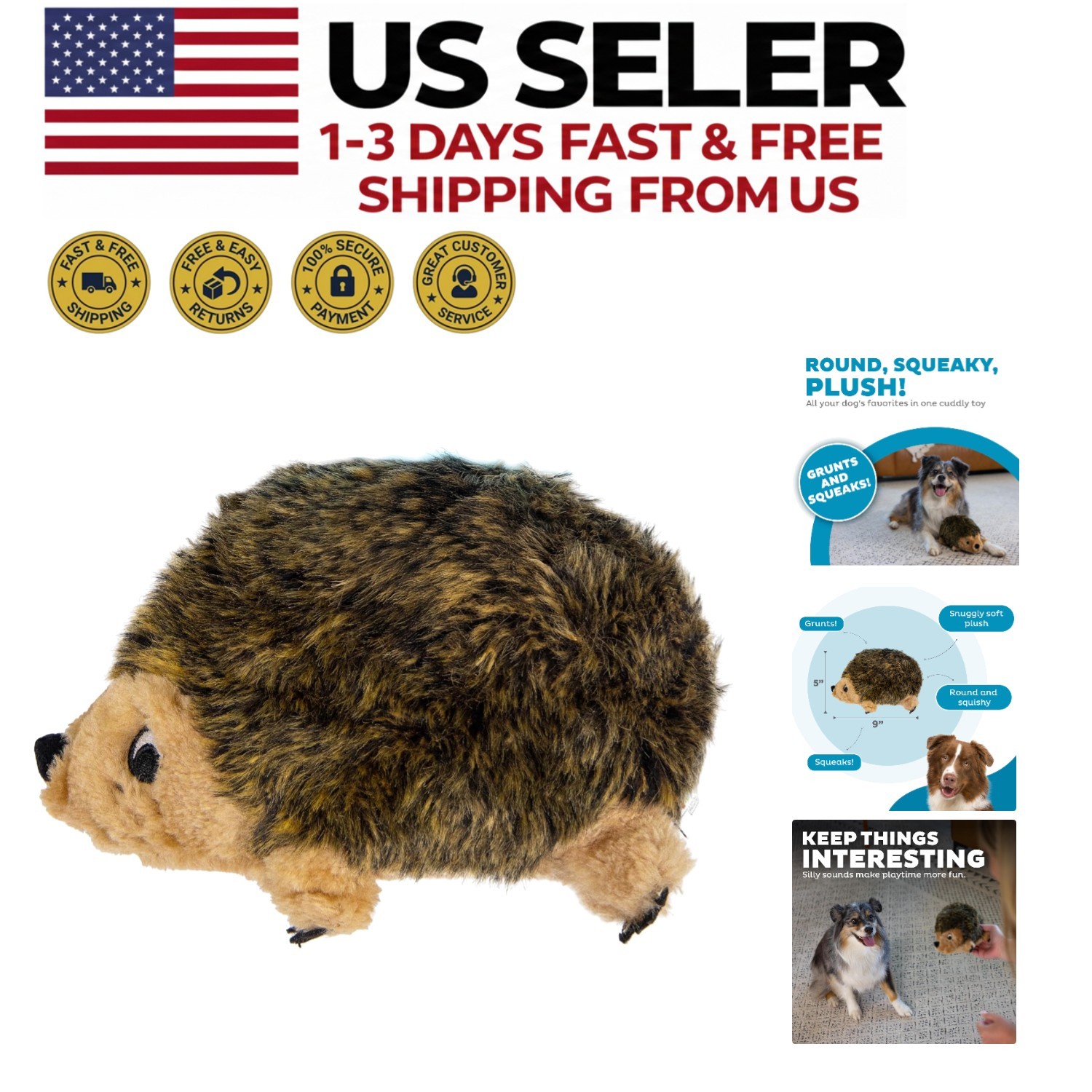 Medium Plush Hedgehog Dog Toy - 9" Grunting & Squeaky Soft A