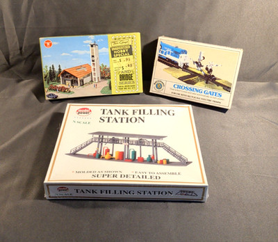 (3) Various Brands -N Scale Building, crossing gate, tank station-NIP!.