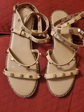 A New Day beige ankle strap sandals with silver studs stacked heel sz 9.5 
