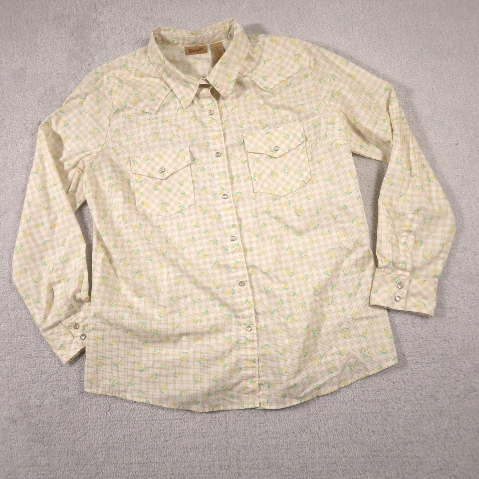 Camisa Wrangler Para Mujer XL Amarilla Floral A Cuadros Perla A Presión Western Manga Larga Foto 2 de 4