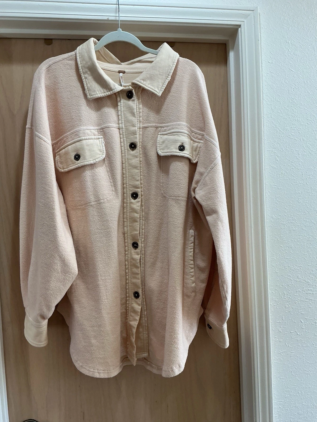 FREE PEOPLE Ruby Oversized Fleece Shacket Jacket Sz XL Ivory Button Up Pocket