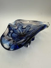 Mid-Century Murano Style Cobalt Blue Art Glass Ashtray Bowl Sommerso 9”