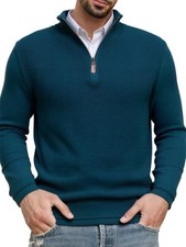 Men's Knitted Half Zipper Jumper Sweater Turtleneck Long Sleeve Large Blue