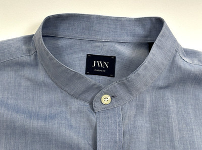 JWN NORDSTROM MTO EGYPTIAN COTTON MANDARIN COLLAR BARREL CUFF BLUE SHIRT 17 X 35