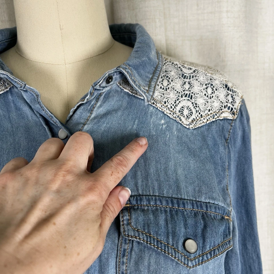Camisa jeans Mudd estilo ocidental feminina tamanho grande renda pérola encaixe vaqueira Y2K - Imagem 3 de 4