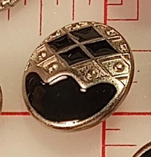 3 MED Fine Silver Metal Shiny Black Enamel Italian Shank Buttons Harlequin 7/8"