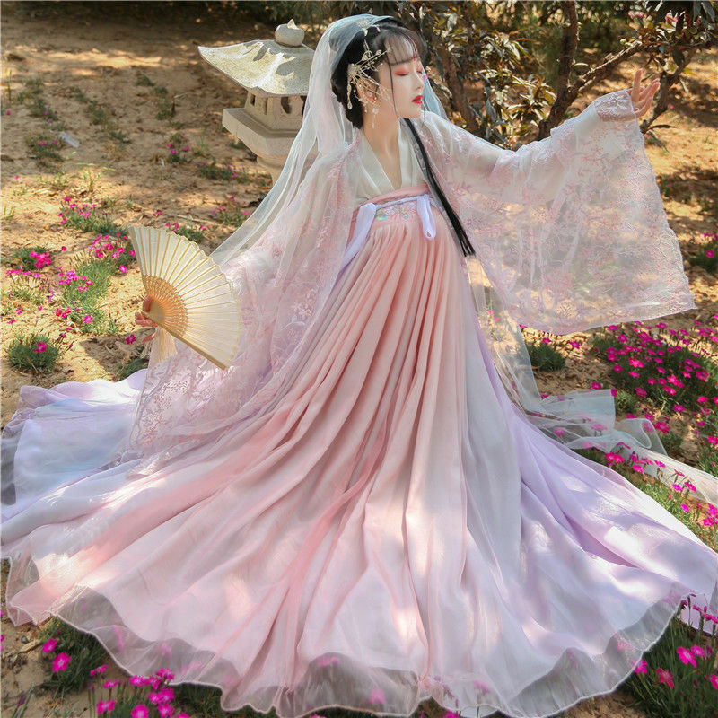 pink chinese dress Embroidered Tang Dynasty Hanfu Dress-Traditional Gown, M Lightweight Polyester Pink Embroidered Long Qipao /