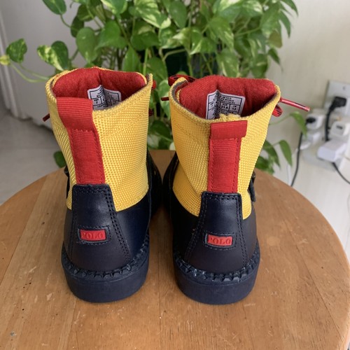 Ralph Lauren Leather Ranger Hi II Boot in Navy/ Yellow Leather Kids Size 7 - Picture 4 of 20