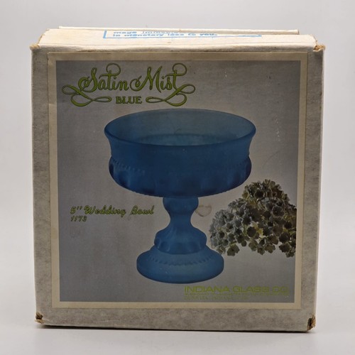 Indiana Glass Blue Satin Mist Blue 5" Wedding Bowl Compote Candy Dish w/Box 1173 - Picture 8 of 10
