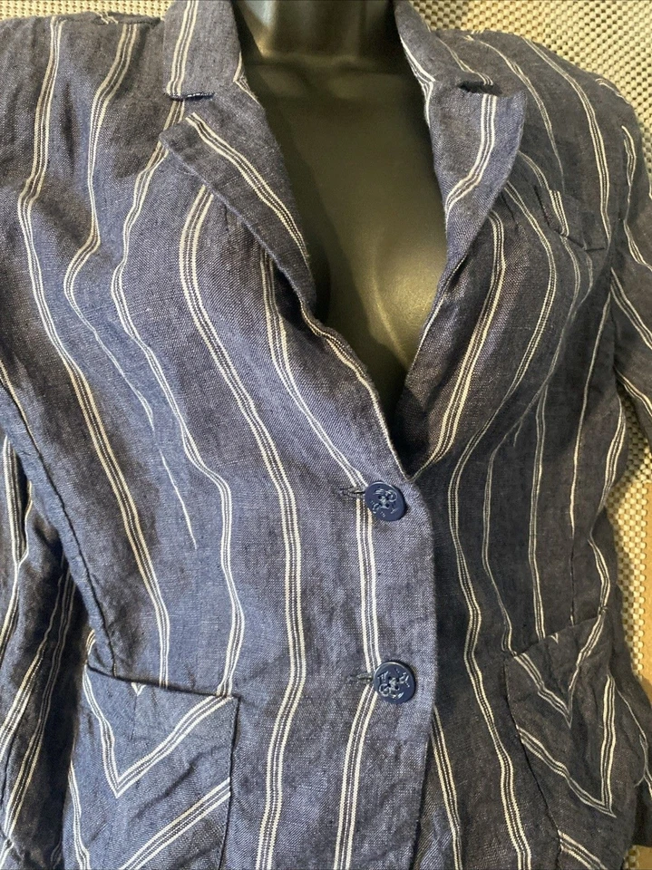 CAbi Blue & Ivory Striped Chambray Linen Nautical Button Front Blazer Jacket 10 - Image 2 of 4
