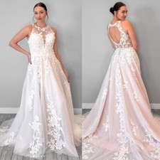 Champagne Wedding Dresses Halter Neck Sleeveless Beach Lace A Line Bridal Gowns