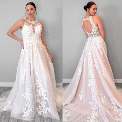 Champagne Wedding Dresses Halter Neck Sleeveless Beach Lace A Line Bridal  Gowns | eBay