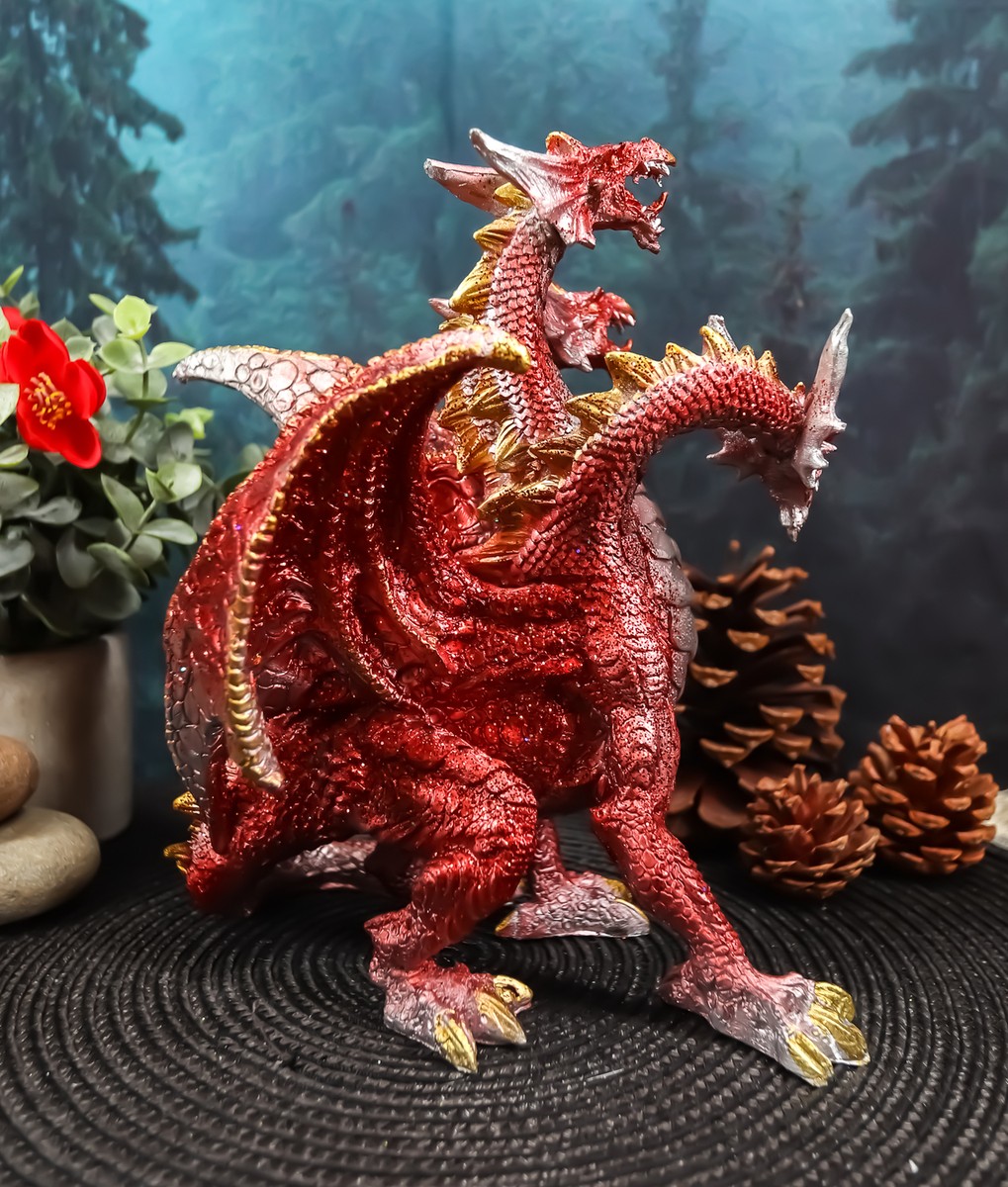 Ebros Red Fire Three Headed Dragon Hydra Roaring Statue 8