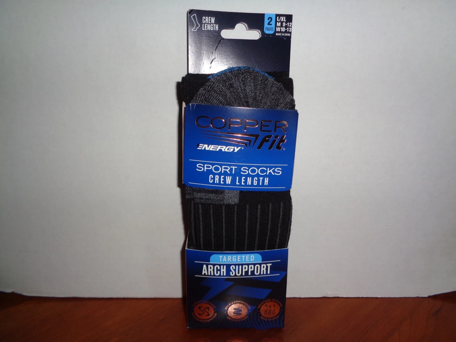 Copper Fit Infused Sport Crew Socks 2 Pair Large L/XL Black Size M 9-12 W 10-13