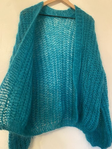 VTG Open Knit Wool Mohair Yarn Cardigan Unisex Genderless Camp Hipster Teal Grn - Picture 9 of 14