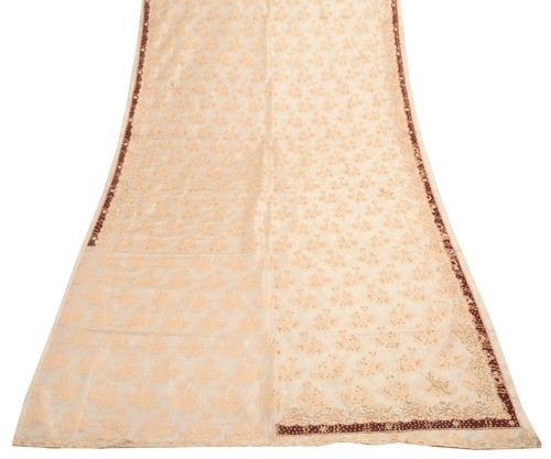 Sushila Vintage Beige Hand Beaded Heavy Dupatta Blend Tissue Floral Long Stole - Picture 11 of 11