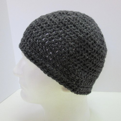 Skull Cap Gray Cotton Wool Unisex Beanie Handmade Crochet Hand Knit Kufi OS