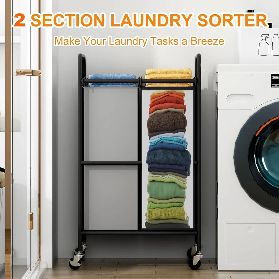 Laundry Sorter 2 Bag Laundry Hamper Cart With Rolling Lockable Wheels And Remova - Image 3 of 4