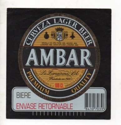 Spain - Vintage Beer Label - La Zaragozana, Zaragoza - Ambar
