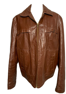 Leather Jacket Size Large 46 made in USA Vintage Brown Coat Zip Up