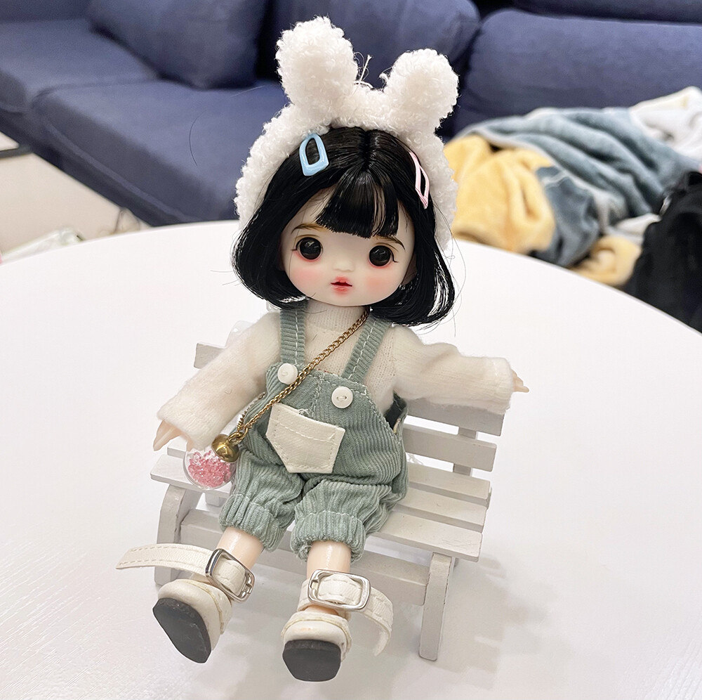 1/8 16cm BJD Doll Girl Pants White Outfits Black Short Hair