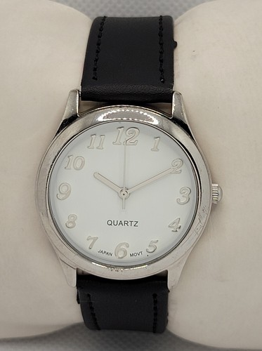 Klassische Herren Runde Silber Ton Etui Weißes Zifferblatt Schwarz Leder Armband Uhr L5 - Bild 5 von 9
