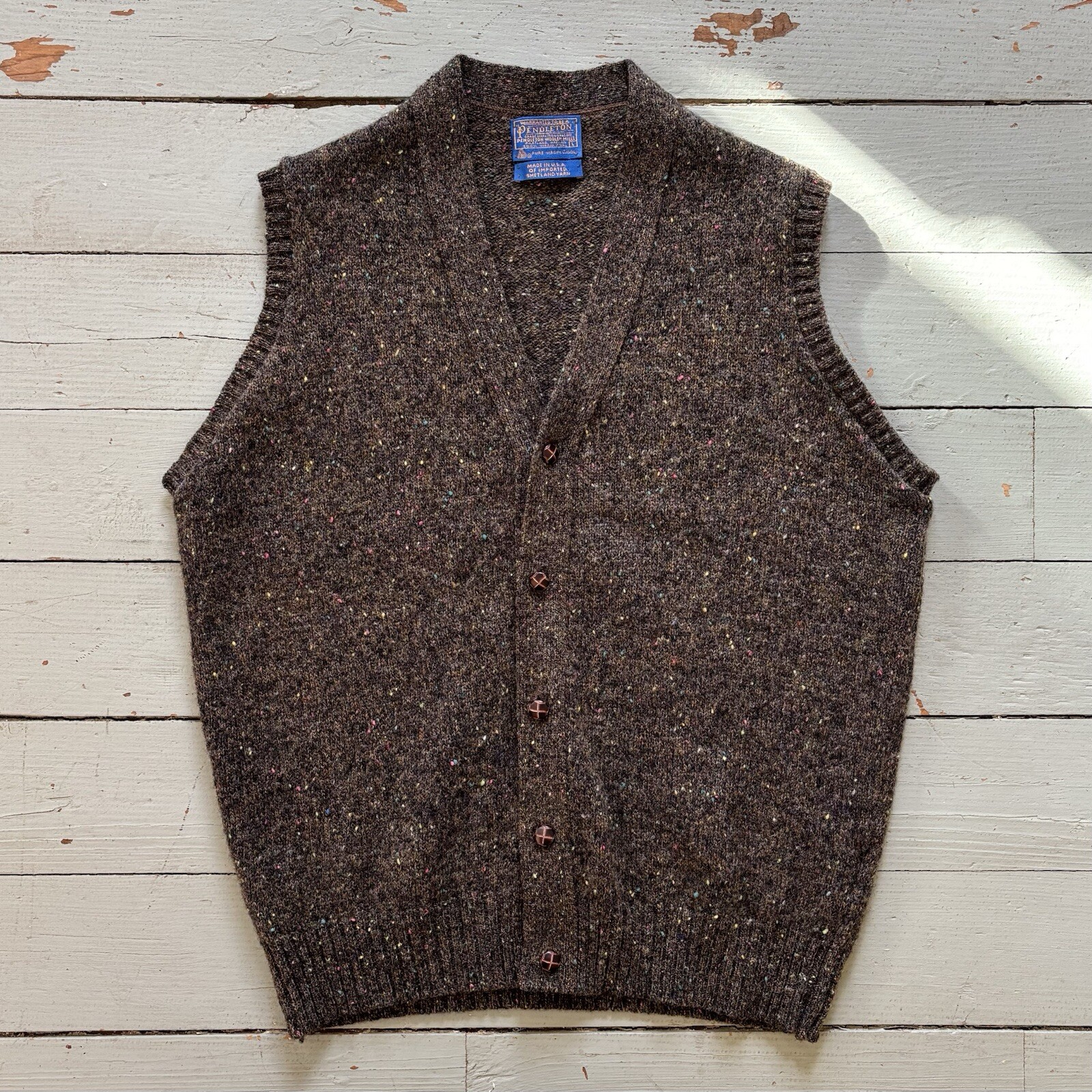 Pendleton Woolen Mills 100% Lana Shetland Suéter Chaleco Botón Delantero Marrón Grande