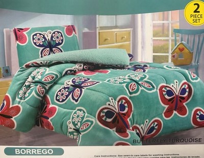 Teal Butterfly Twin Heavy Thick 2pc Borrego Sherpa Blanket Pillow Sham Set