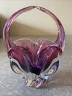 Vintage Hand Blown Murano Italy Glass Handled Basket - Red Pink Blue